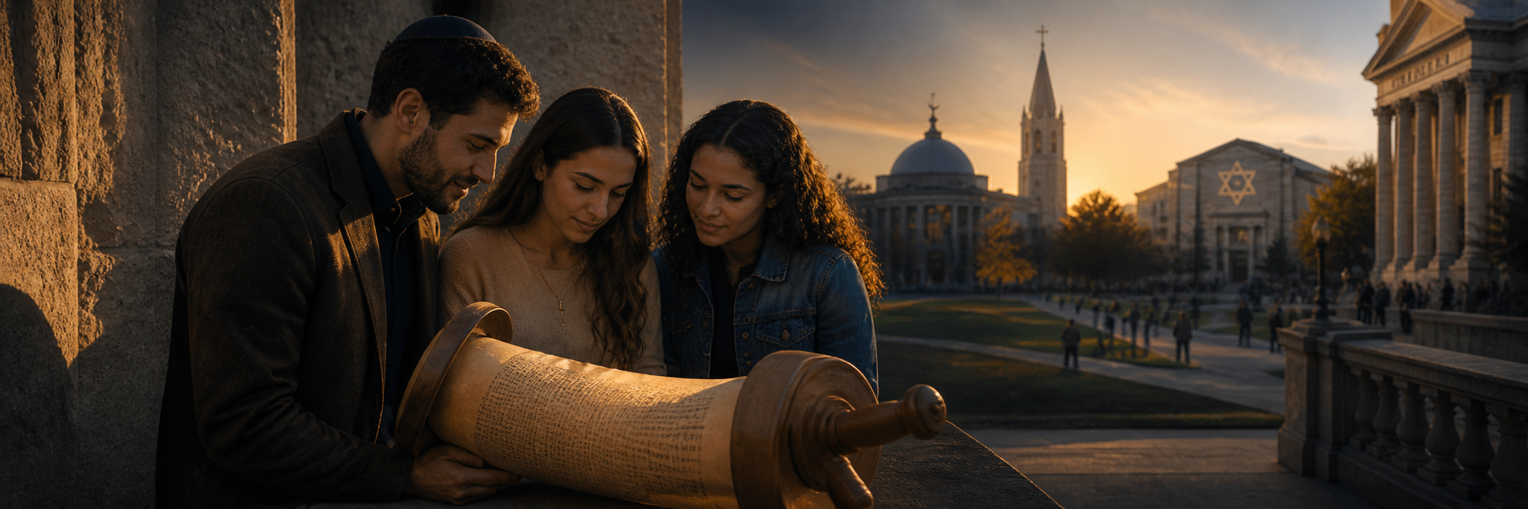 A small group studying an ancient scroll in a civic setting