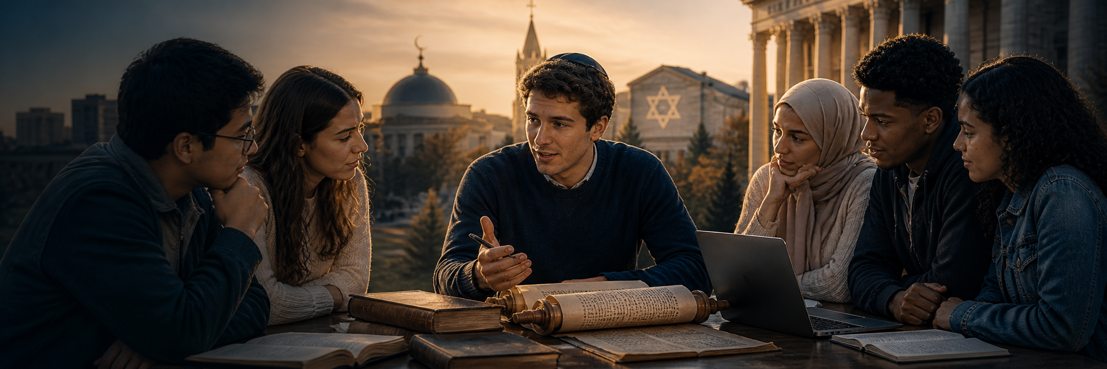 Students gathered around ancient books, a scroll, and a laptop in serious discussion