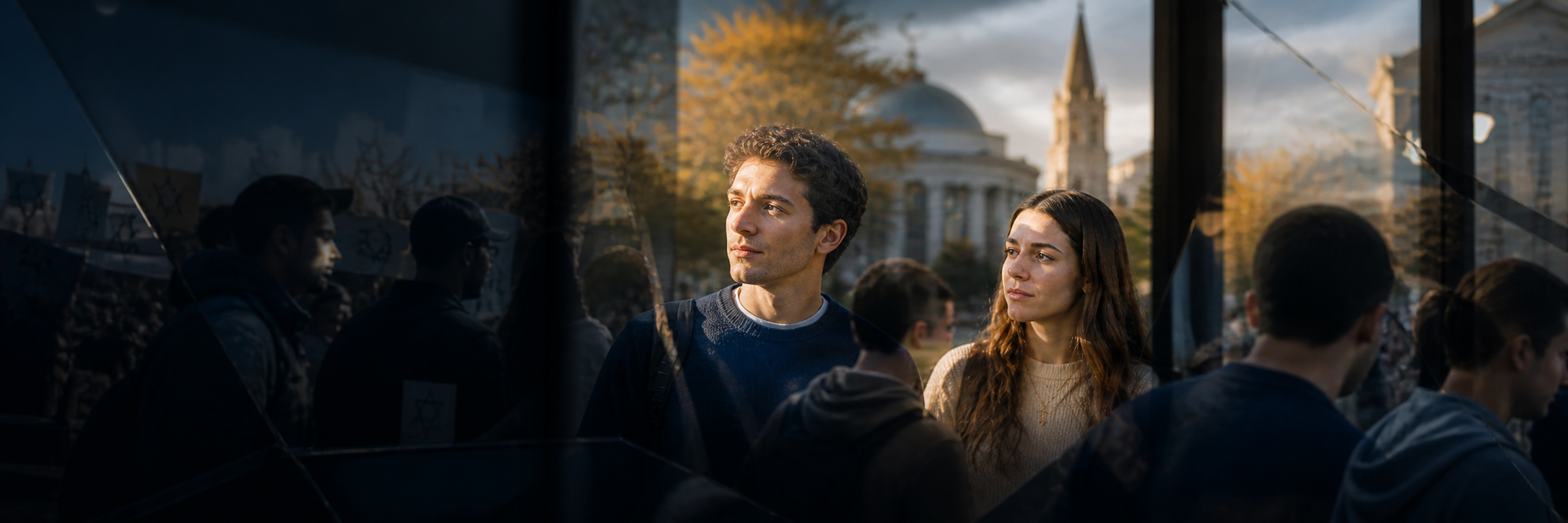 Young adults seen through reflective glass, suggesting distortion and misunderstanding