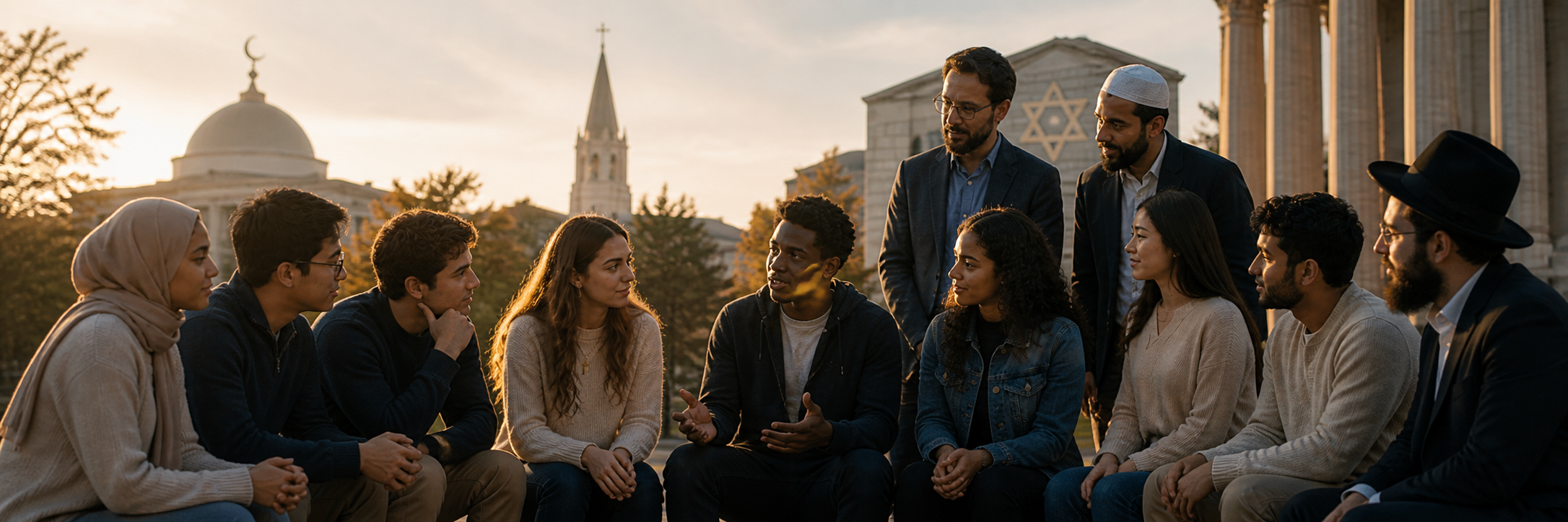 A diverse group gathered in interfaith civic dialogue at sunset