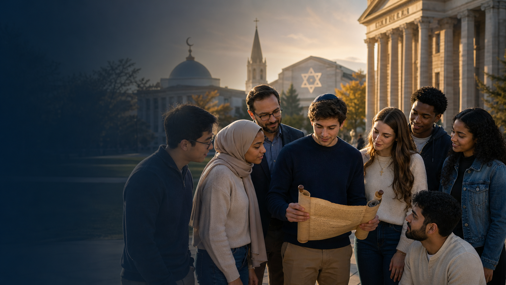A diverse group studying a historical document in a civic and interfaith setting